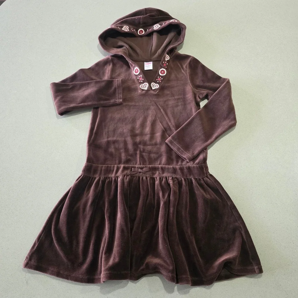 Gymboree Girls Brown Velour Hooded Dress Hearts Embroidery Size 8 0905